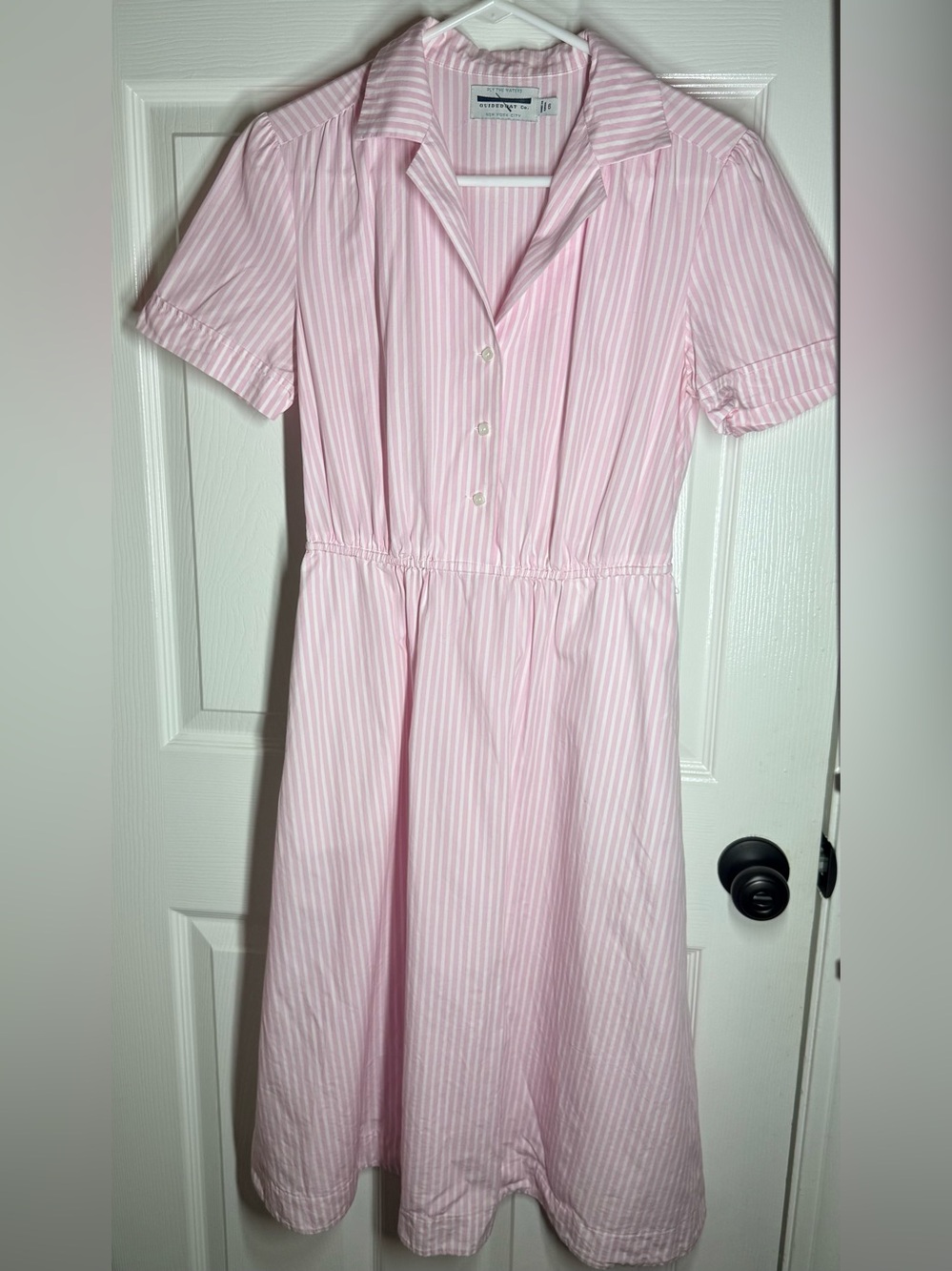Classic Pink Stripe Midi Shirt Dress with Elastic Waist